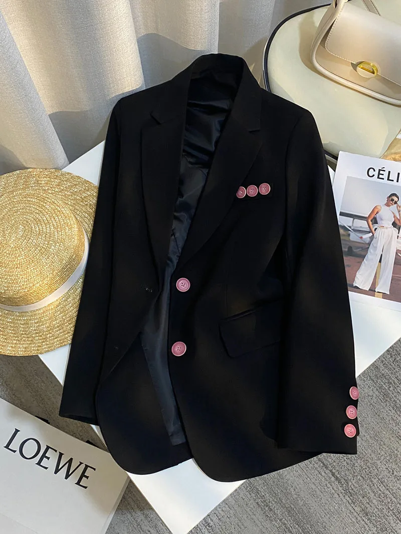 Black Suit Jacket for Women Autumn Winter New Casual Long Sleeved Jacket Temperament Loose Lapel Commuter Formal Suit