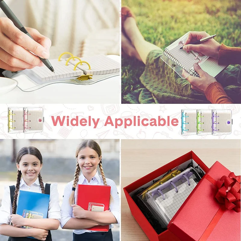 T04C-5 Pack Mini Transparent 3 Ring Binder Covers With Binder Inner Papers Storage Bags Label Sticker Binder Pockets