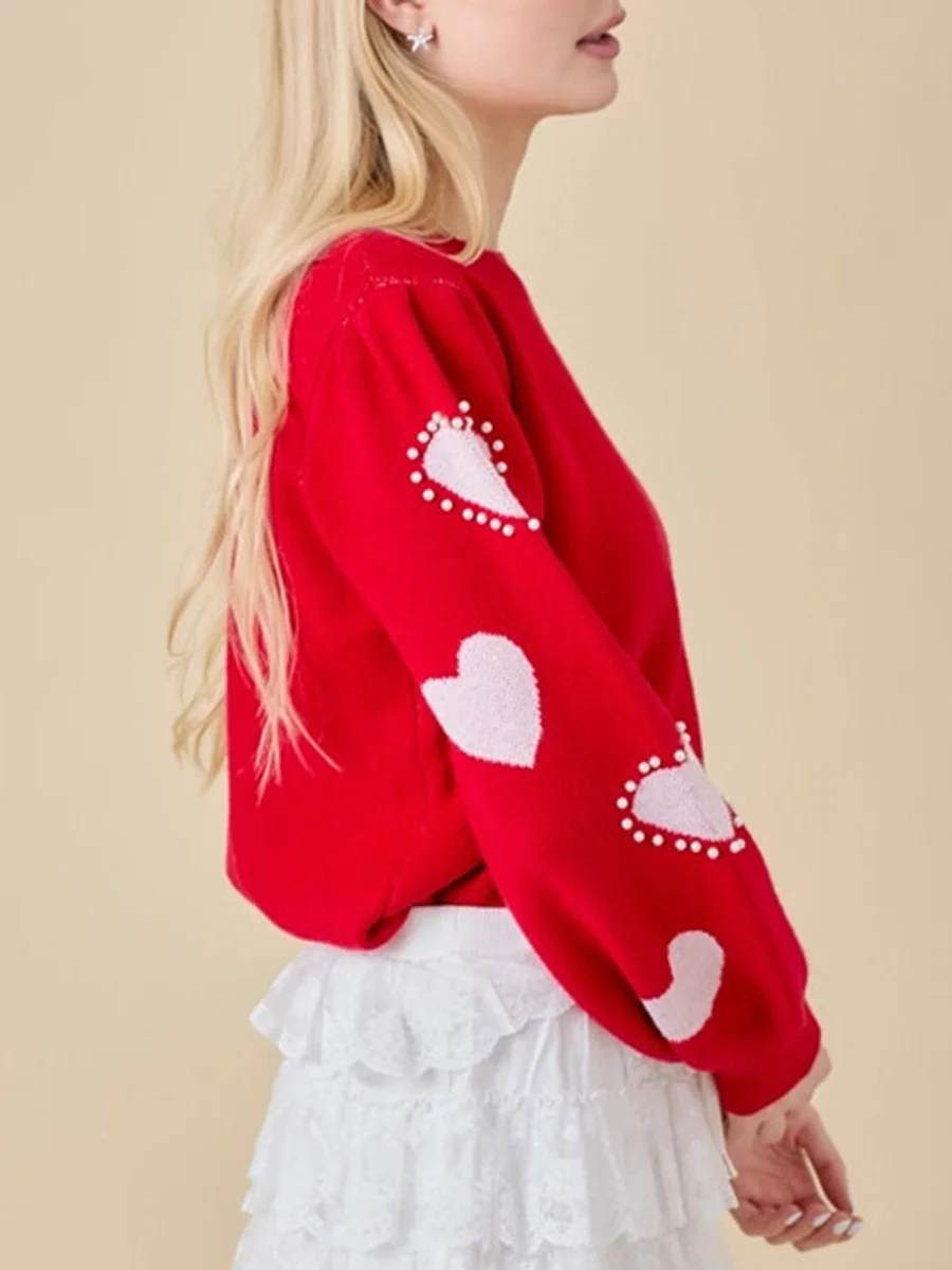 Valentine s Day Women s Red Knit Sweater with Heart Print Long Sleeve Round Neck Knitwear for a Romantic Look