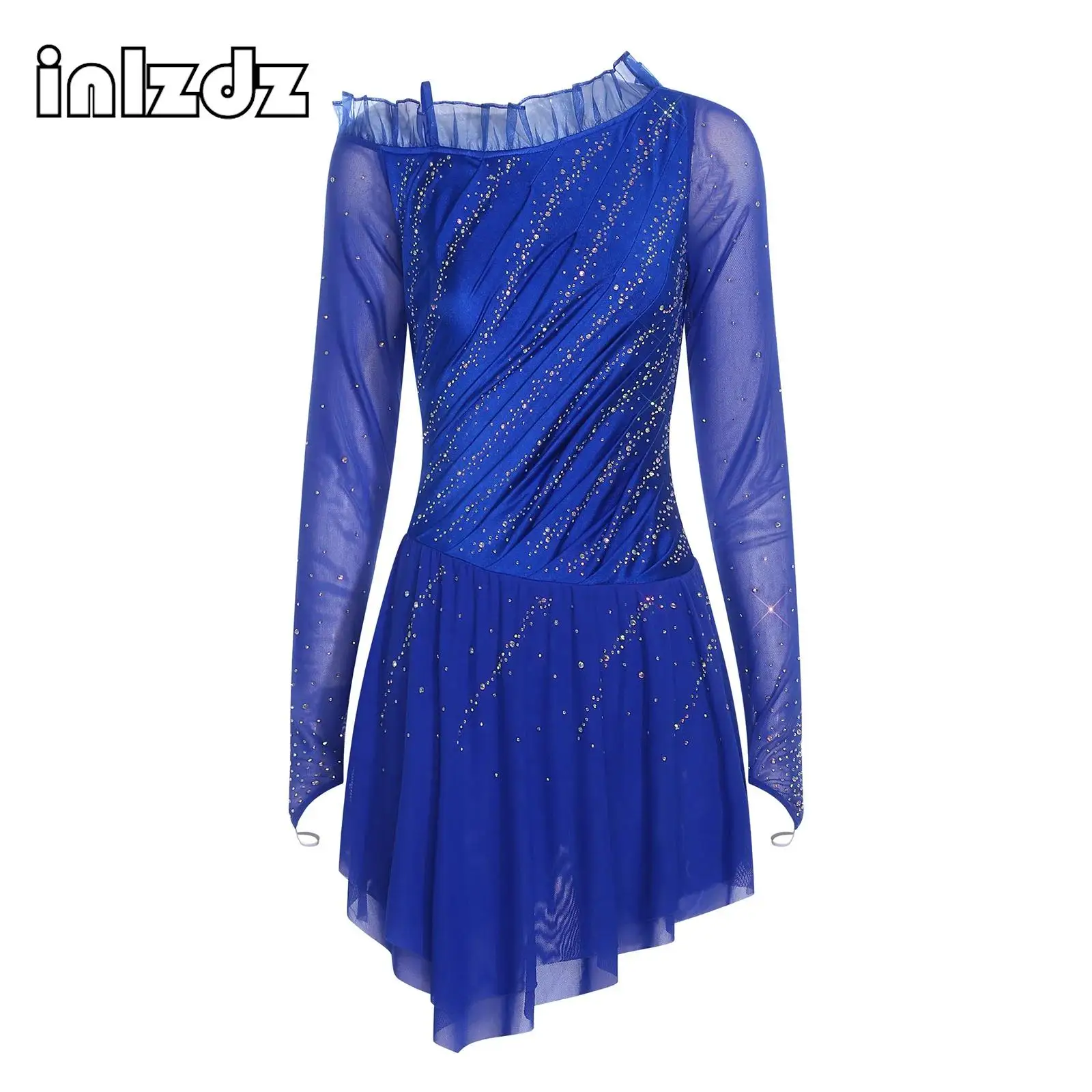 

Womens Figure Ice Skating Dress Long Sleeves Finger Holes Asymmetrical Shoulder Rhinestones Mesh Dresses for Stage Performance