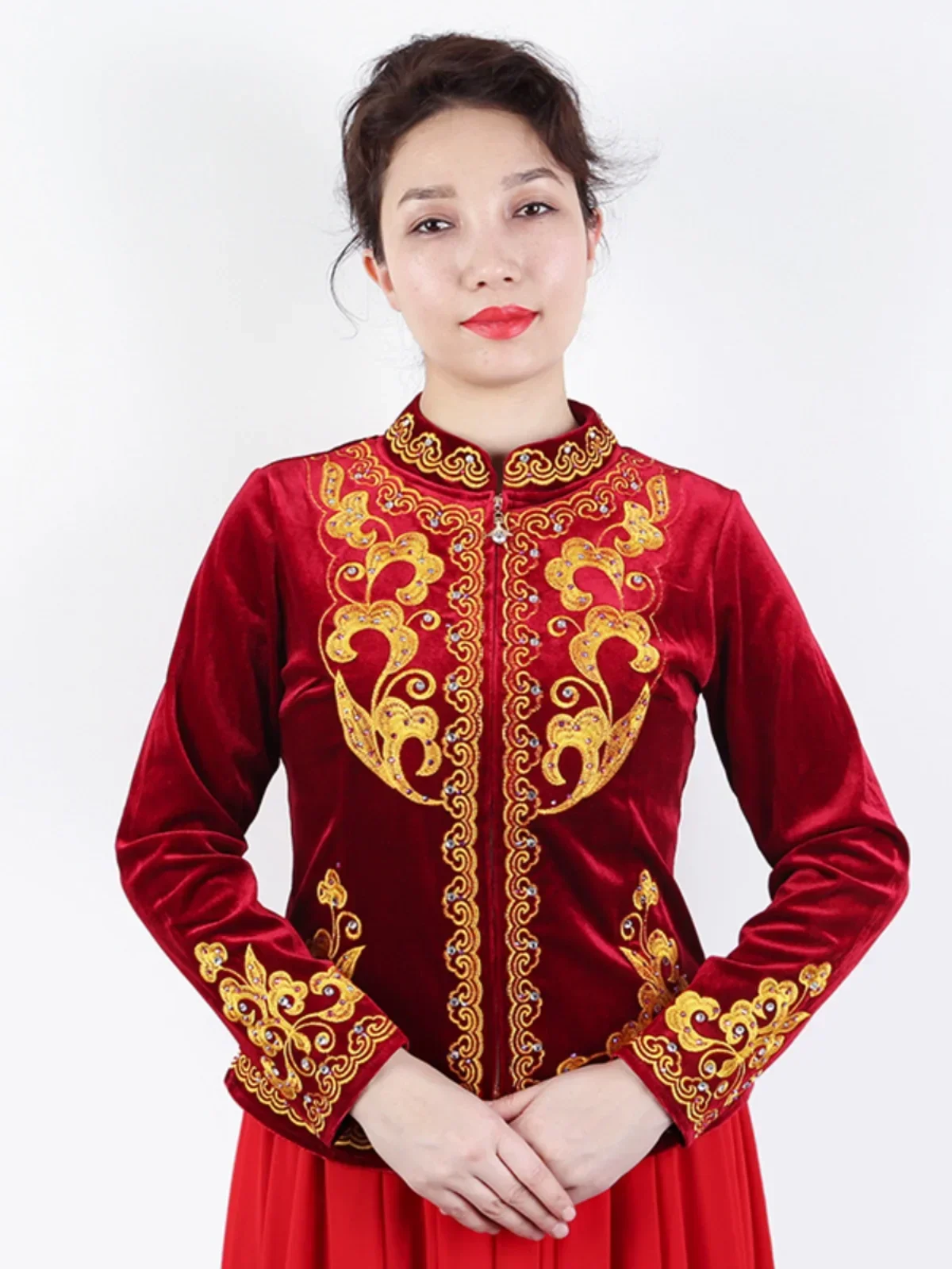 Xinjiang dance performance clothing golden velvet black women's long-sleeved tops embroidered Weiwu tops 1 piece