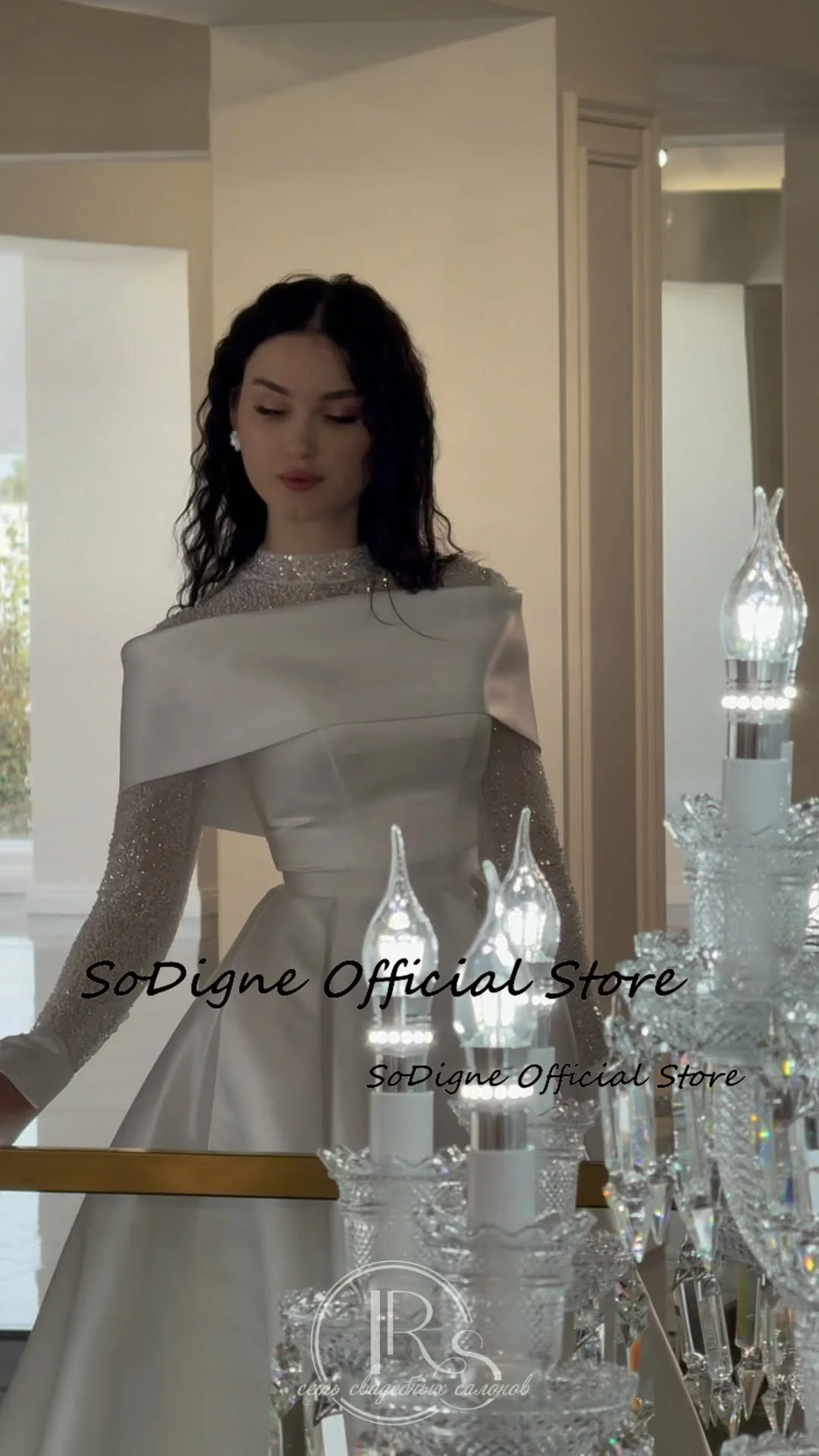 SoDigne A-line Abiti da sposa in raso Collo alto Maniche lunghe Abito da sposa Perline Abito da sposa lungo Robe De Mairee ﻿ Personalizzato