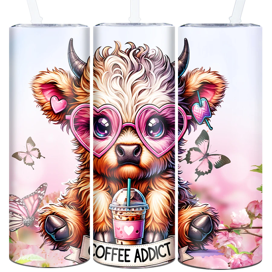 Stainless Steel Skinny Straight Coffee Cups Lid Straw 3D Print Highland Cow Seamless Tumblers Hot Cold Insulated Festive Cups