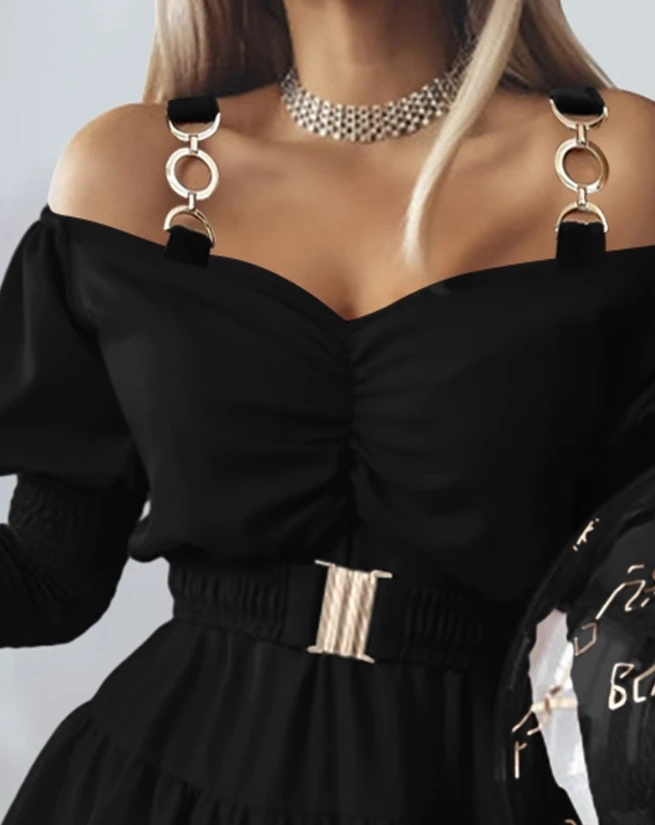 2023 Autumn Spring New Fashion Casual Elegant Evening Party Dresses Women Sexy Cold Shoulder Shirred Puff Sleeve Casual Dress