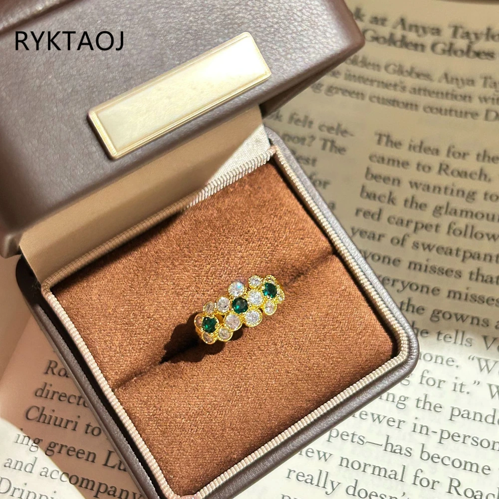 Anillo de plata de ley 925 con baño de oro, diseño vintage con circonitas cúbicas verdes, para mujer, con motivos florales y múltiples piedras, ideal para bodas, joya fina, regalo.