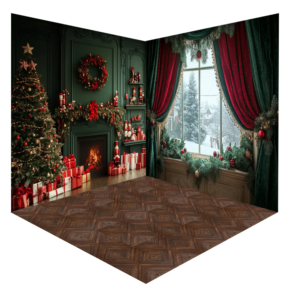 

Photography Background Winter Christmas Fireplace Window Xmas Tree Children Family Portrait Decor Backdrop Photo Studio