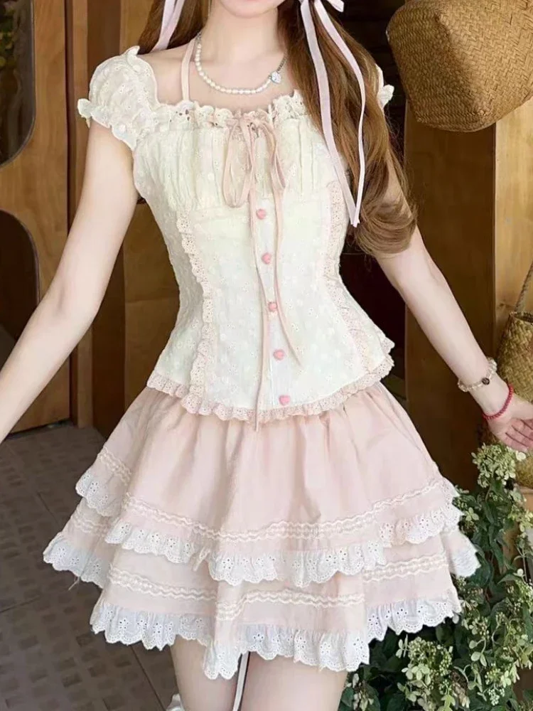 الصيف الحلو مائل الرقبة ضئيلة 2 قطعة مجموعة النساء Kawaii قبالة الكتف Y2k المحاصيل القمم + لطيف تنورة صغيرة جميلة الجنية وتتسابق جديد 2025