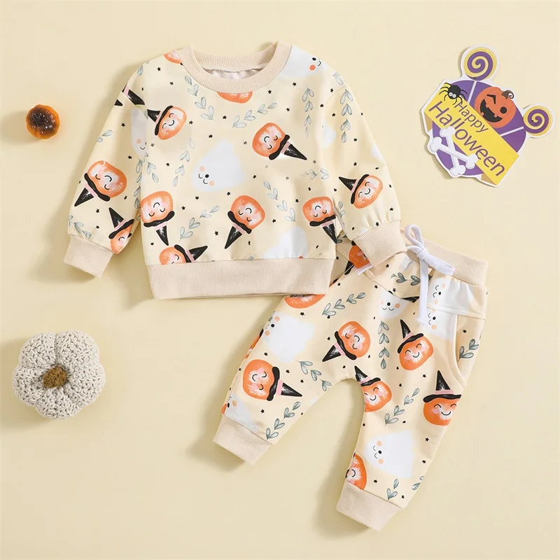 

BeQeuewll Baby Girls Halloween Pants Sets Long Sleeve Ghost Pumpkin Print Tops Drawstring Pants Sets For 0-24 Months