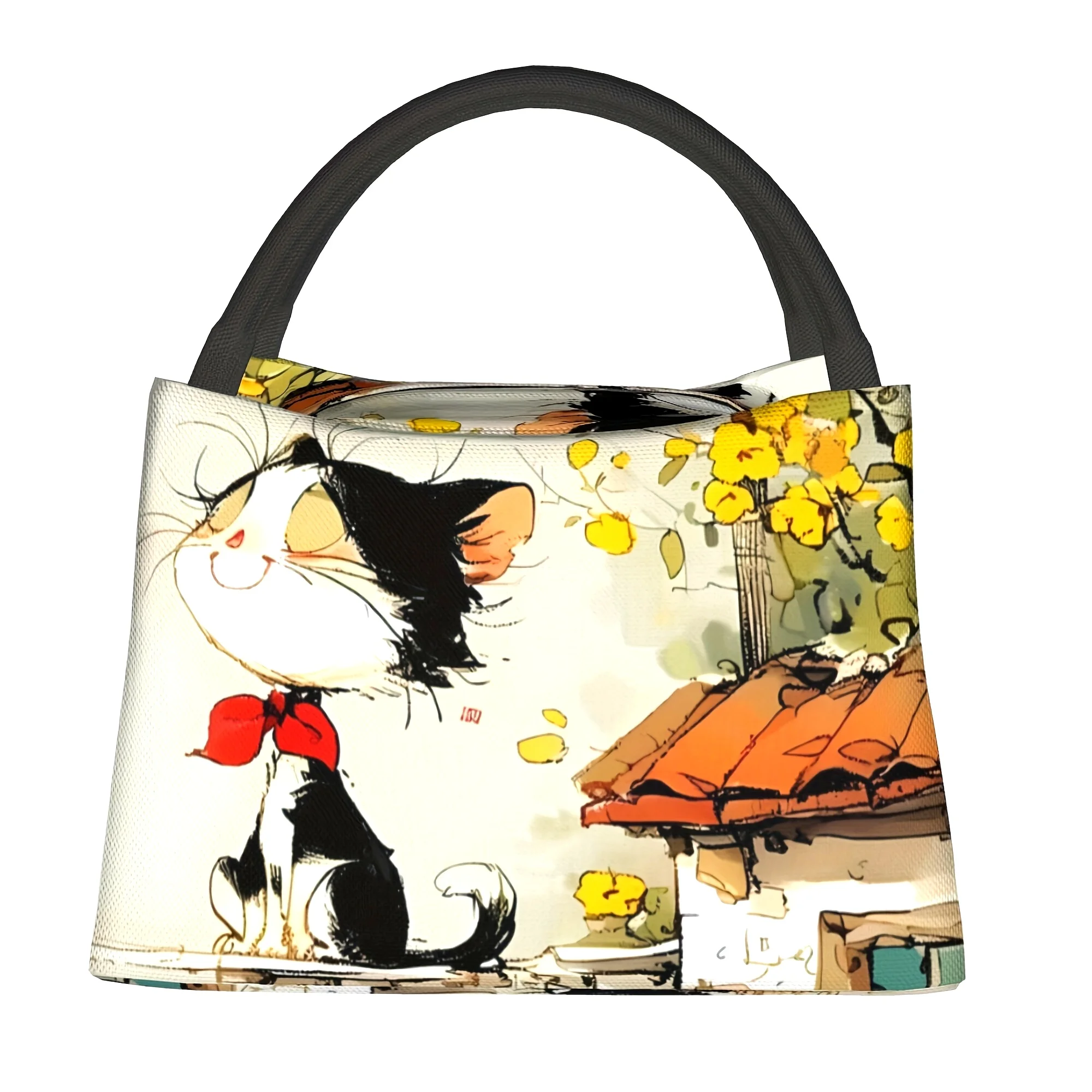 

Сумка для обеда с милым мультяшным принтом кошки, изолированная сумка-холодильник с японским узором в стиле инк-арт, многоразовая герметичная сумка-тоут для любителей кошек