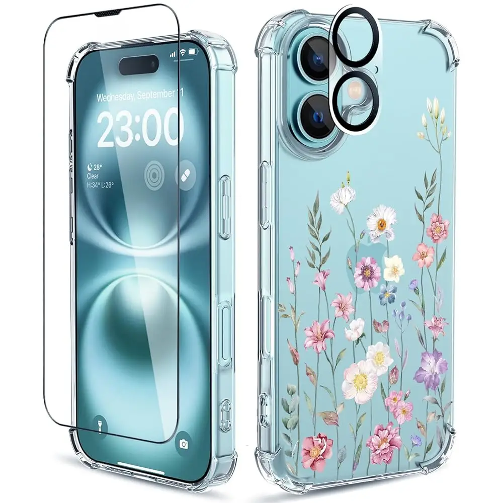 

for iPhone 16 Case,[3 in 1] with Screen Protector & Camera Lens Protector, Flower Pattern Design,Clear Soft Shockproof Slim F