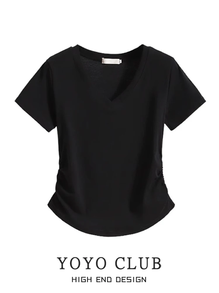 YOYO CLUBB plus Size Pleated Asymmetrical Women's T-irt Summer 2024 Slimming V-ne ort Sve Korean Sle Commute Faion