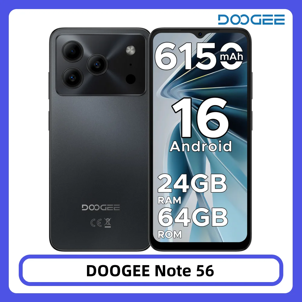 DOOGEE Note 56 Smartphone Android 16 6150 mAh Großer Akku 6,56 Zoll 90 Hz Display 24 GB 64 GB 8 MP + 5 MP Face Unlock Mobiltelefon