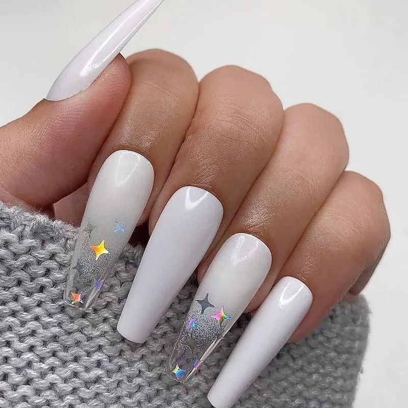 White Long Ballet Gradient Radium Shooting Star Butterfly False Nail  Short Square Ice and Snow Sparkling Fake Nails for Women