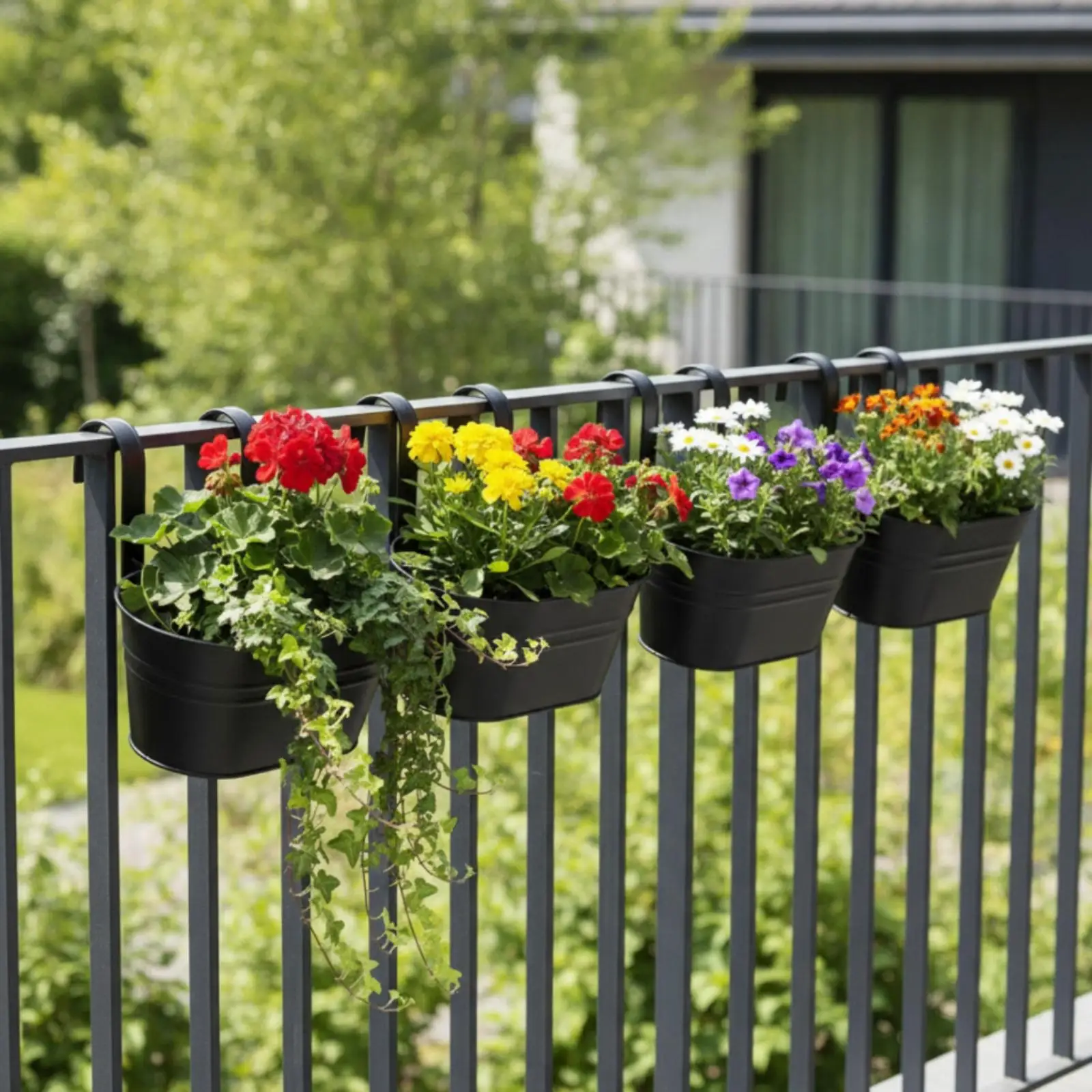 5 Pieces Hanging Planter with Hooks Matte Black Railing Planter Oval Hanging Flower Pot for Apartment Dwellers, Gardeners,