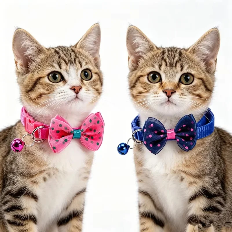 Vintage Polka Dot Bow Decor Pet Collar, Matching Color Shiny Bell Adjustable Nylon Kitten Collar Cat Elegant Dress Up Accessory