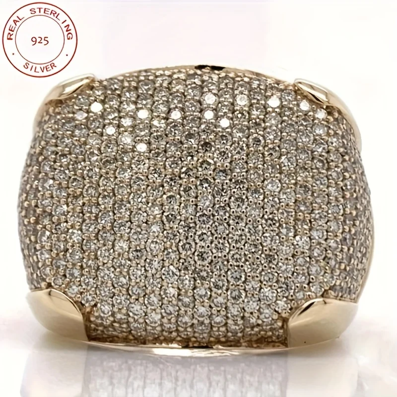 

925 Sterling Silver Men's Iced Out Round Shape Pinky Ring 18K Gold Plated Hip Hop Vintage Rings Trendy Luxury Jewelry