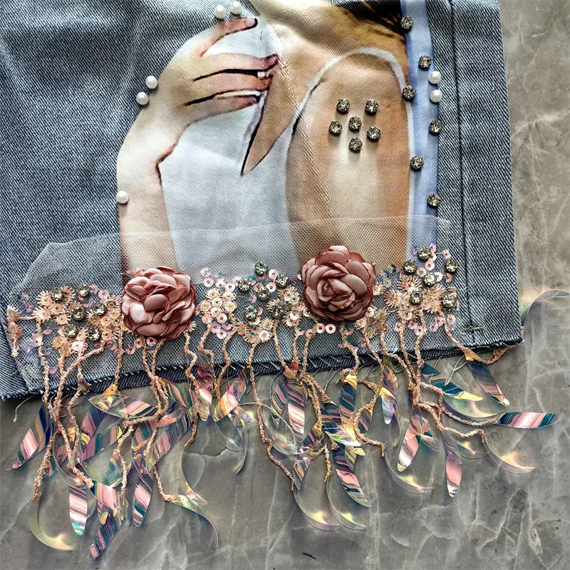 Pantaloncini di jeans Donna Industria pesante Mappa di bellezza Nappa Paillettes Perline Foro rotto Pantaloncini di jeans a cinque punti Pantaloni dritti estivi Y2K