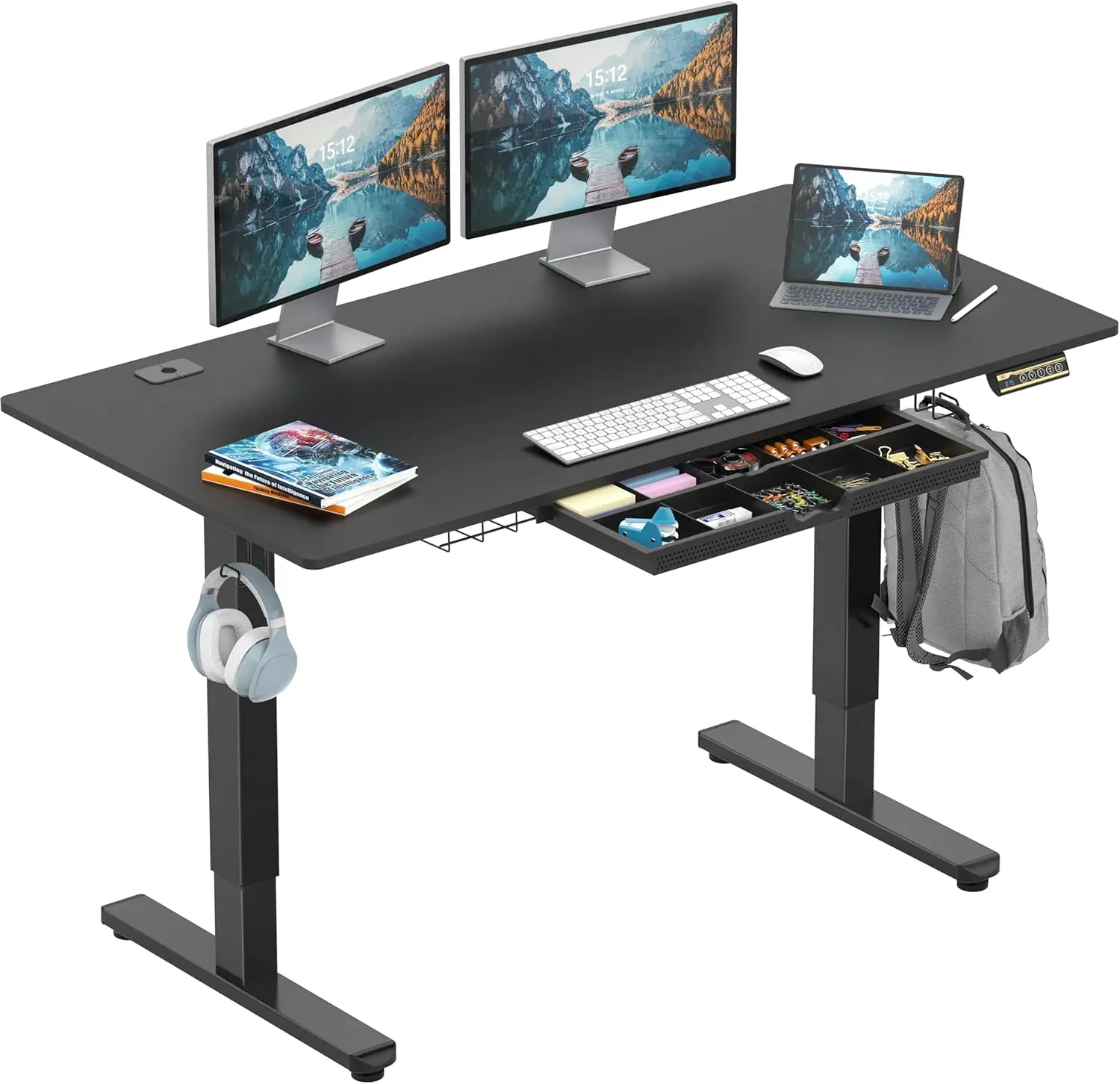 

55 x 28 Inches Electric Height Adjustable Standing Desk with Drawer and Memory Preset, Black