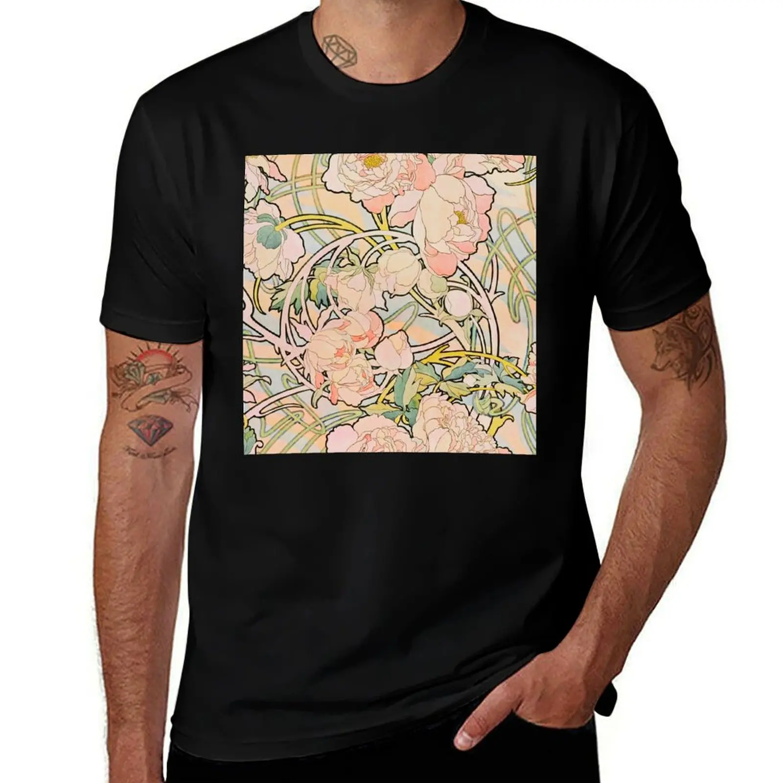 Mucha - Pink Floral Pattern T-Shirt Minimalist Plain Crew Neck T-Shirt