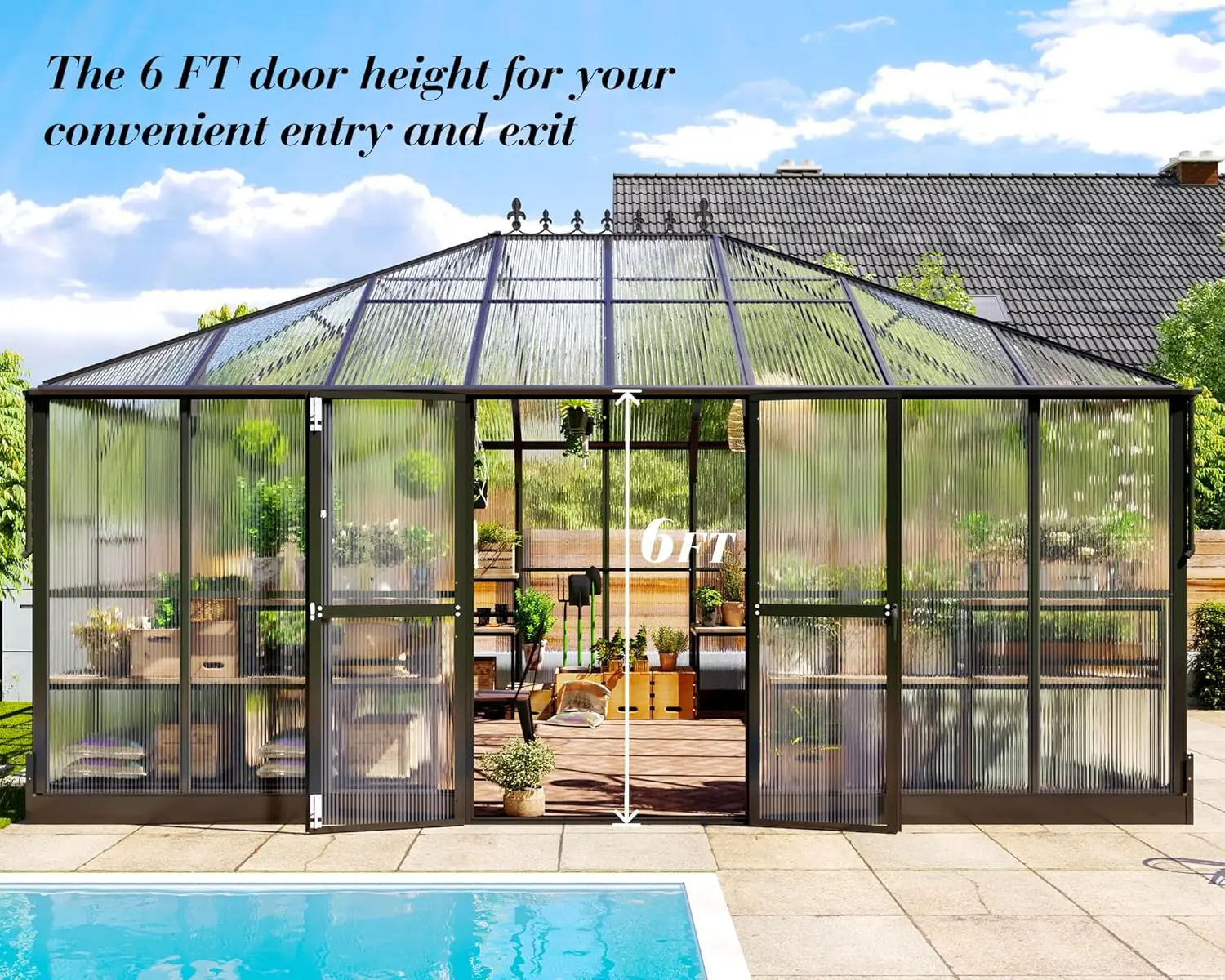 16x12x9.5 FT Polycarbonate Greenhouse- 6 FT Wall Height Outdoor Aluminum Greenhouses with 2 Ventilation and Rain Gutter Double