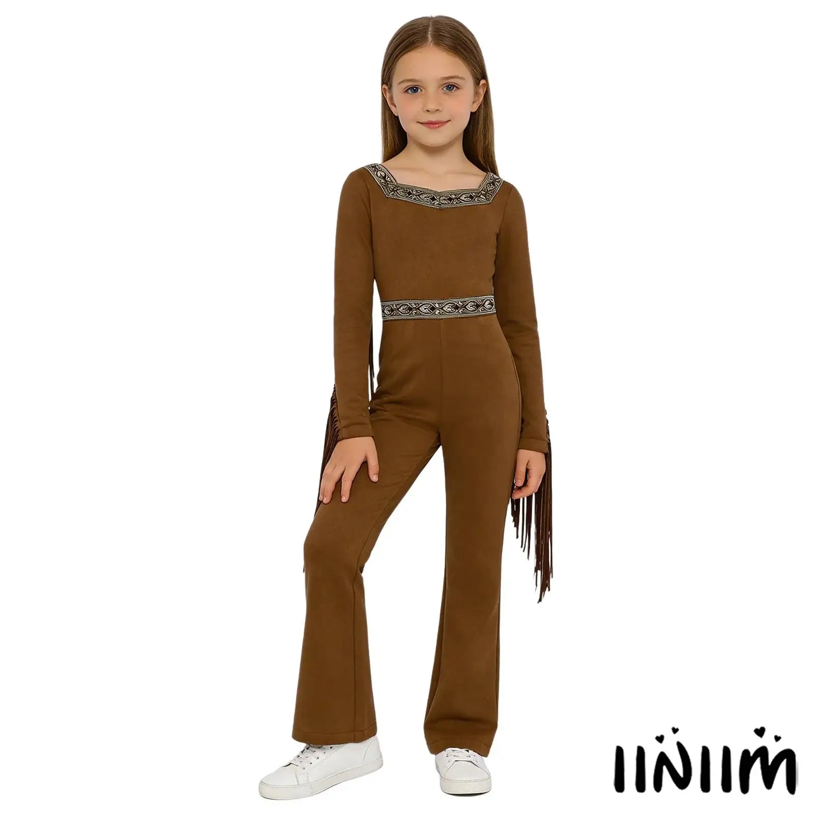 

Kids Girls Native Indian Costume Cowgirl Jumpsuit Outfit Unique Pattern Fringed Long Sleeve Back Invisible Zipper Clothing