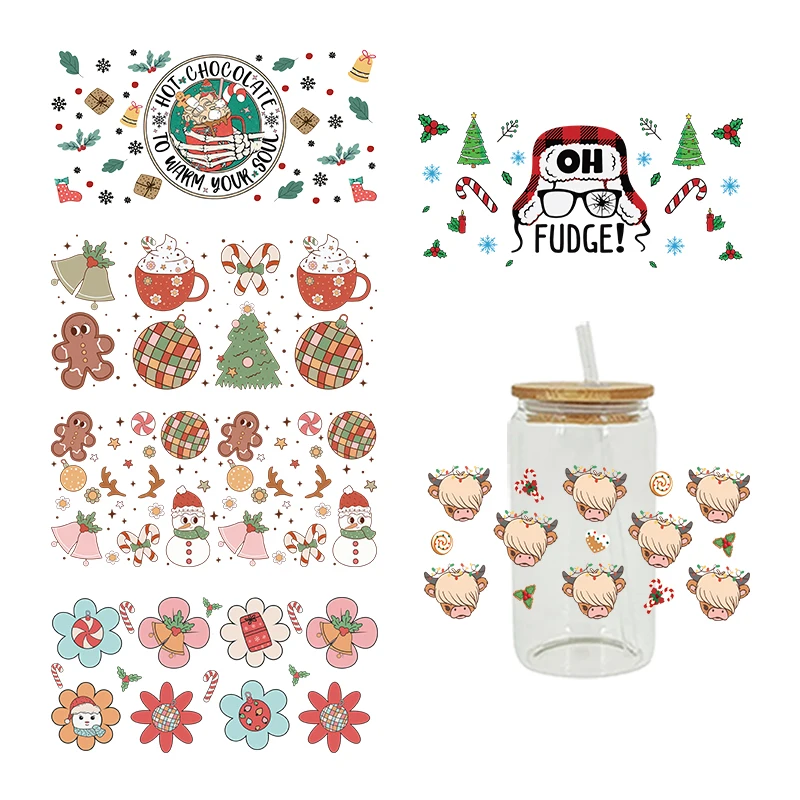 Рождественская оберточная кружка Uv Dtf, наклейки для переноса утюга для стеклянной чашки 16 унций, украшение D24596