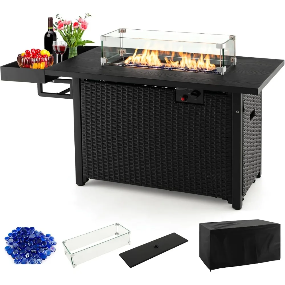 

52" Outdoor Propane Fire Pit,50,000 BTU Wicker Patio Gas Fire Table w/Lid, PE Rattan Firepit Table w/Storage Shelf (Black)