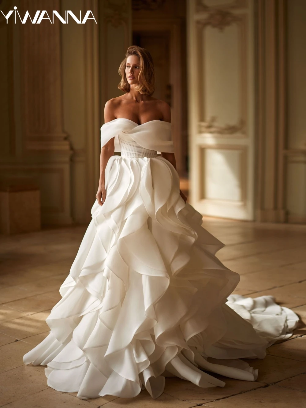 

2025 Ruffled A-line Long Wedding Dress Graceful Off The Shoulder Bride Robe Sexy V-neck Backless Bridal Gown Robe De Mariée