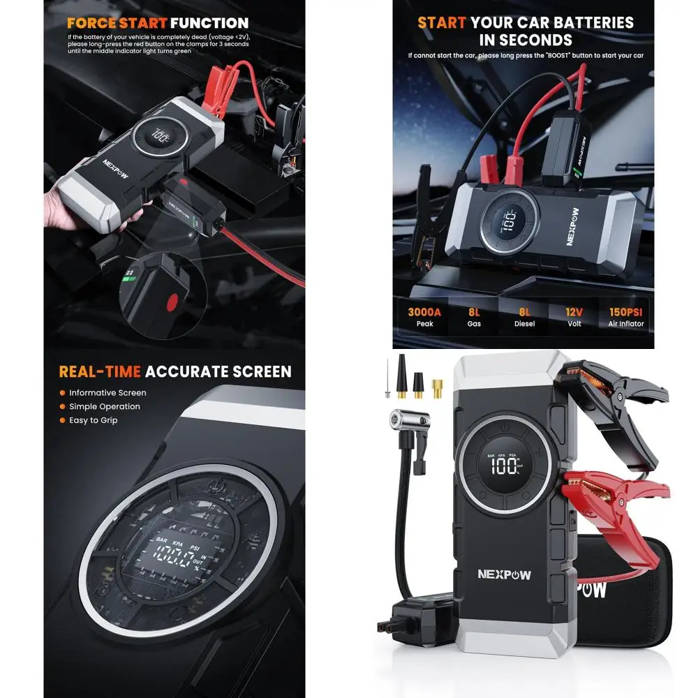 

Car Battery Jump Starter with Air Compressor 3000A Peak,12V 150PSI Portable Jumpstart Box for Up to 8L Gas and 8L Diesel Engines
