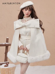 Sweet Girl High End Bow Elegant Princess Cape Coat Winter New Preppy Style Retro Plush Stitching Thicken Slim Fit Wool Coat