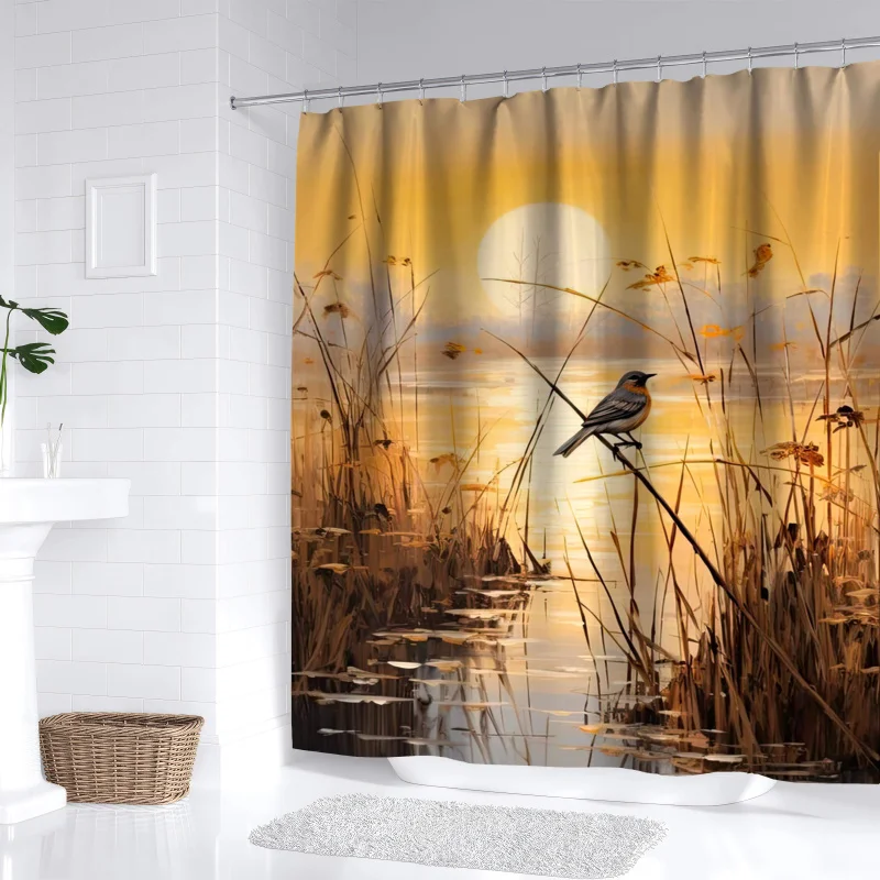 Sunset Lake & Bird scenery shower curtain-waterproof polyester with hooks, machine washable, all-season bathroom decor by ywjhui