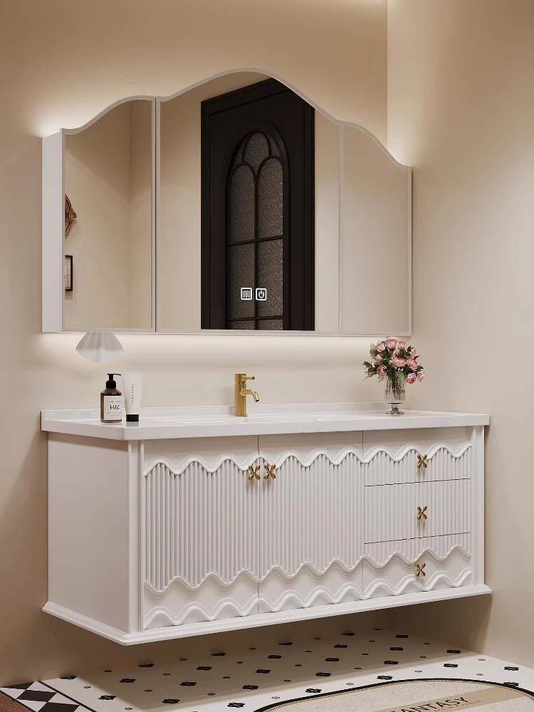 

Французский кремовый шкаф для ванной комнаты с волнообразным узором, умный шкаф для ванной, тумба под раковину из дуба, тумба с раковиной