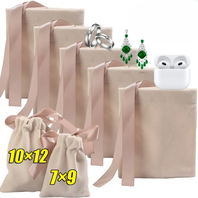 Beige Velvet Jewelry Bag 5/10pcs Drawstring Bow Thicken Luxury Earring Rings Necklace Bracelet Wired Headset Display Storage Bag