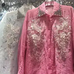 Oversized Mid-length Shirts Blouses Exquisite Sparking Sequined Beaded Diamonds Women 2024 Spring Summer Long Sleeve Tops Blusas