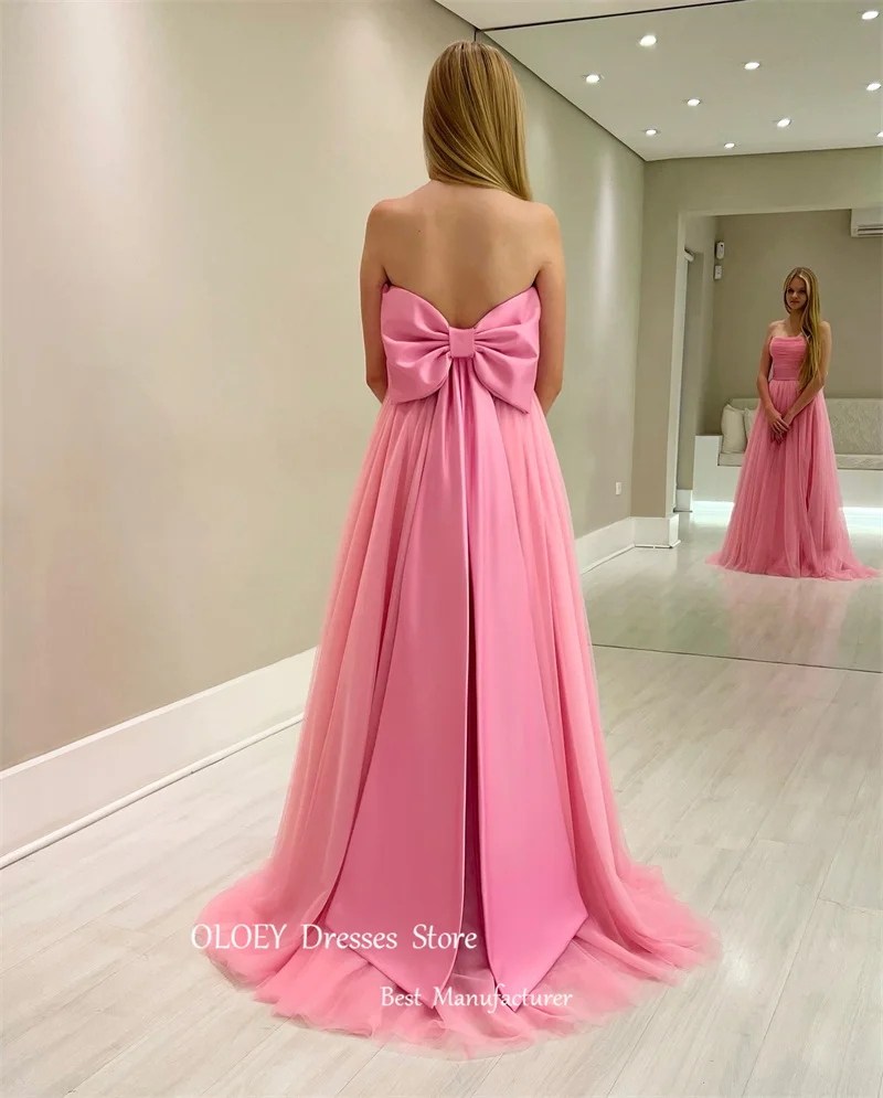 OLOEY 2024 Simple A Line Pink Evening Dresses Wedding Party Strapless Floor Length Prom Gowns Formal Occasion Dress Bow Back