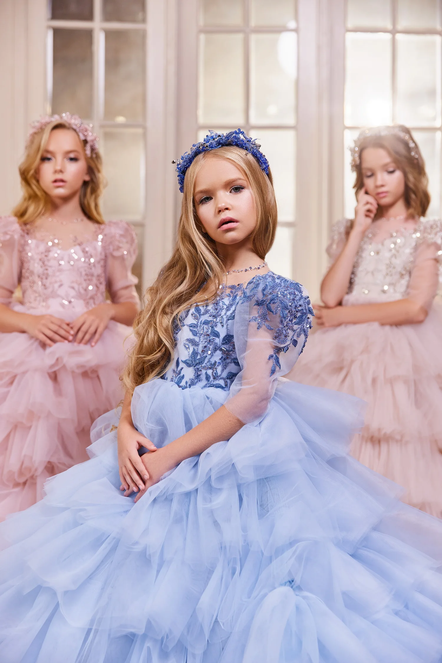 Vestidos de flores para niña, vestidos de banquete con cuentas azules, faldas escalonadas, vestido de princesa, boda, fiesta de graduación, navidad