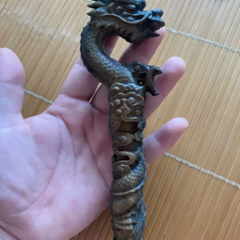 Vintage Wood Carved Mini Dragon Head Cane - 19cm Auspicious Dragon Pillar, Traditional Classical Art Craft