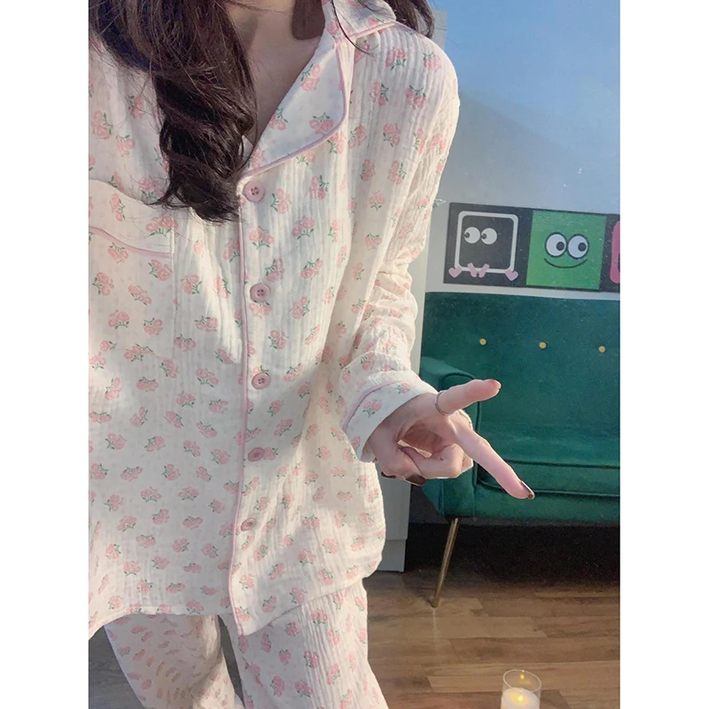 Floral Sleepwear Women Pajama Sets Korean Pants Sets for Women 2 Pieces Night Wear Autumn Turn Down Collar Casual Home Suit New