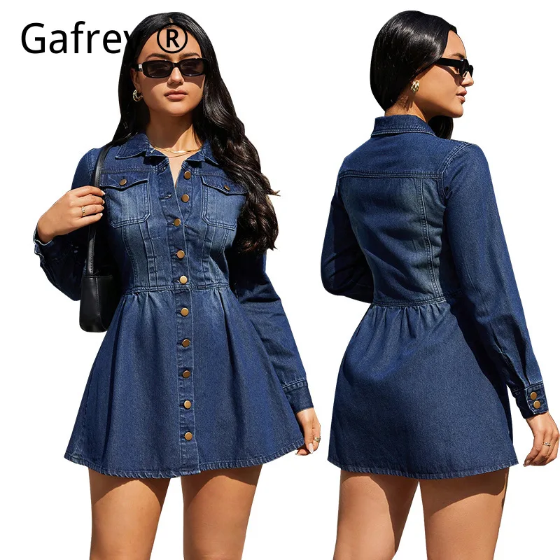 Women New Long Sleeve Denim Dress Slim Waist Tie Back Casual A Line Midi Dress Fashion Streetwear Soft Jean Dress Outfit view 5