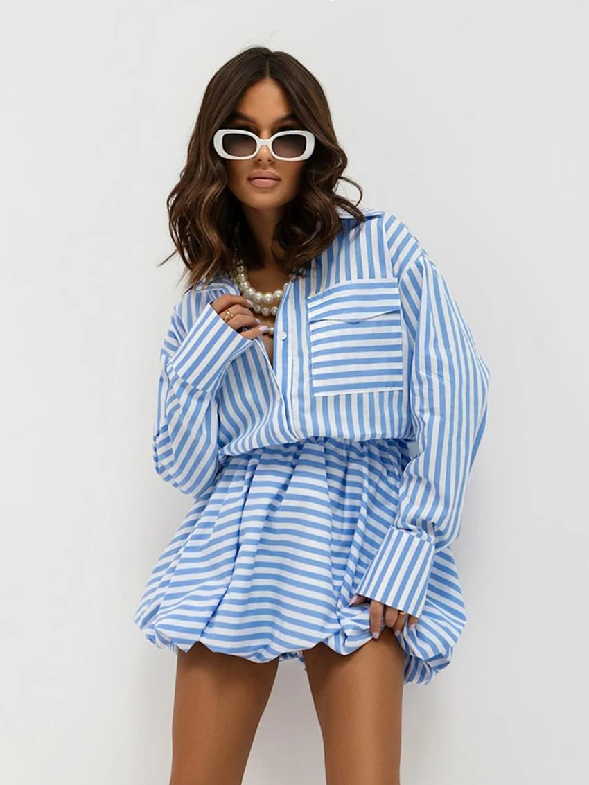 

Marthaqiqi Striped Female Nightgown Suit Long Sleeve Nightwear Turn-Down Collar Pajama Shorts Casual Women Sleepwear 2 Piece Set