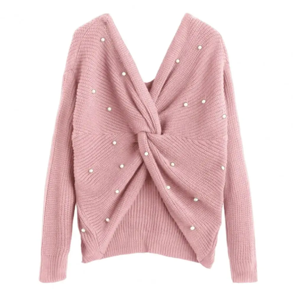 

Knitted Sweater V-Neck O-Neck Long Sleeve Ribbed Thick Women Back Criss Cross Beading Pullover Sweater Female Clothing