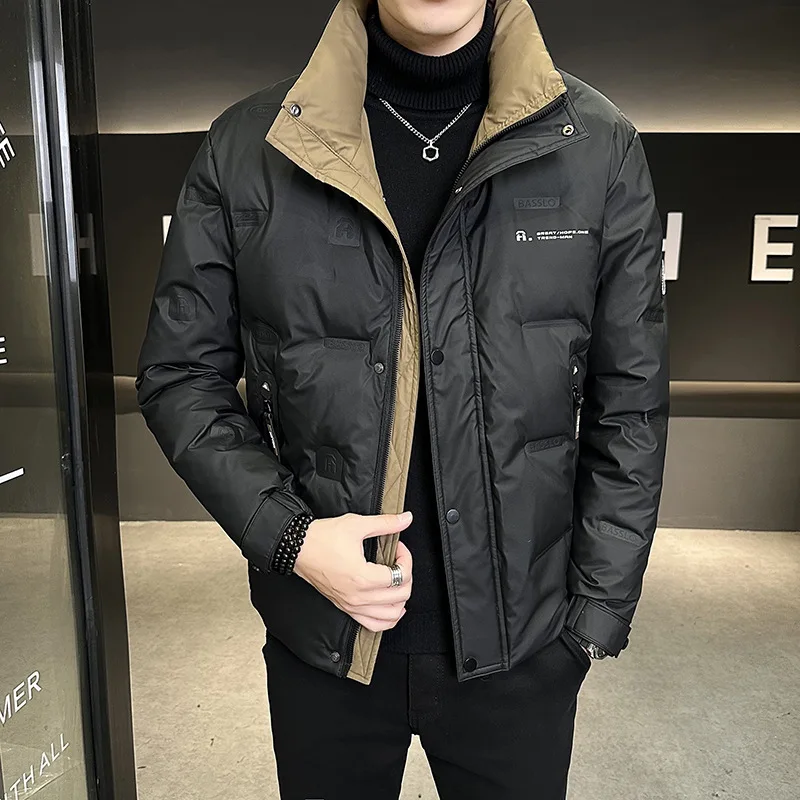 Men's White Duck Down Jacket Fall Winter Fashion Male Outwarer Stand Up Stand Up Thick Warm Color Blocked Short Down Jacket