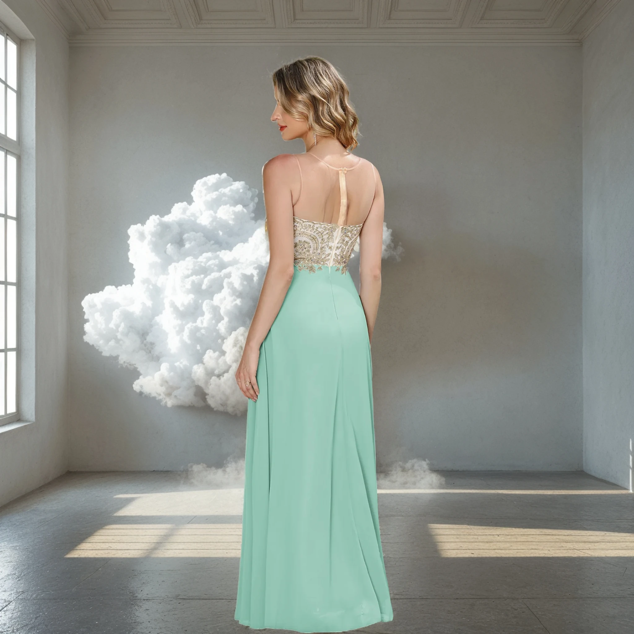 2025 Vestido de noche para mujer, ilusión Sexy, cuello redondo, espalda descubierta, sin mangas, vestido de fiesta, apliques de lentejuelas, corte en A, vestidos de fiesta hasta el suelo