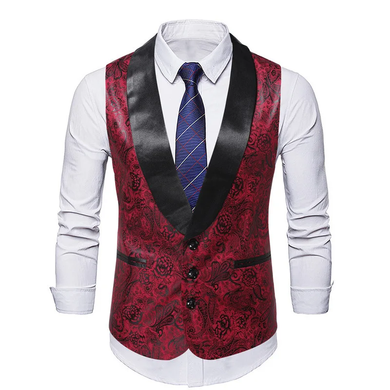 #4837 Red Vintage Single Breasted Men's Blazer Vest Slim Retro Office Sleeveless Vest Waistcoat Man Split Joint V-neck Spring