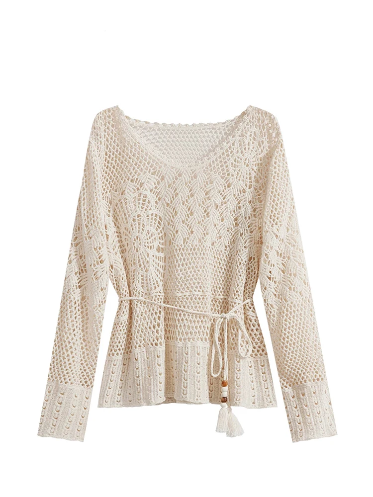 

Khaki Lace Knitted Cover up Women's Spring Korean Design Hollow out V-Ne Long Sve Straight Cut Top Fake Two-Piece Set