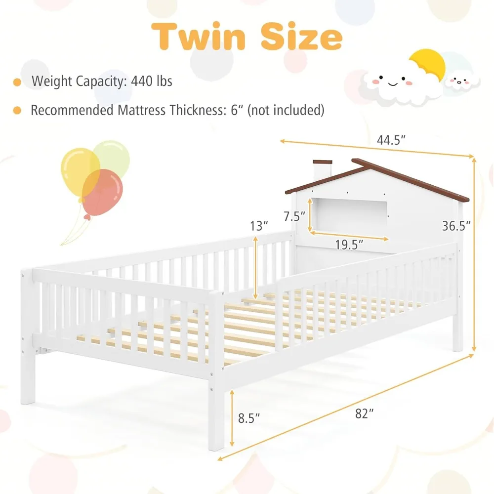 Giantex Twin Kids Bed Frame Solid Wood Montessori Bed With Guardrails House Shaped Headboard Built In Storage No Box Spring