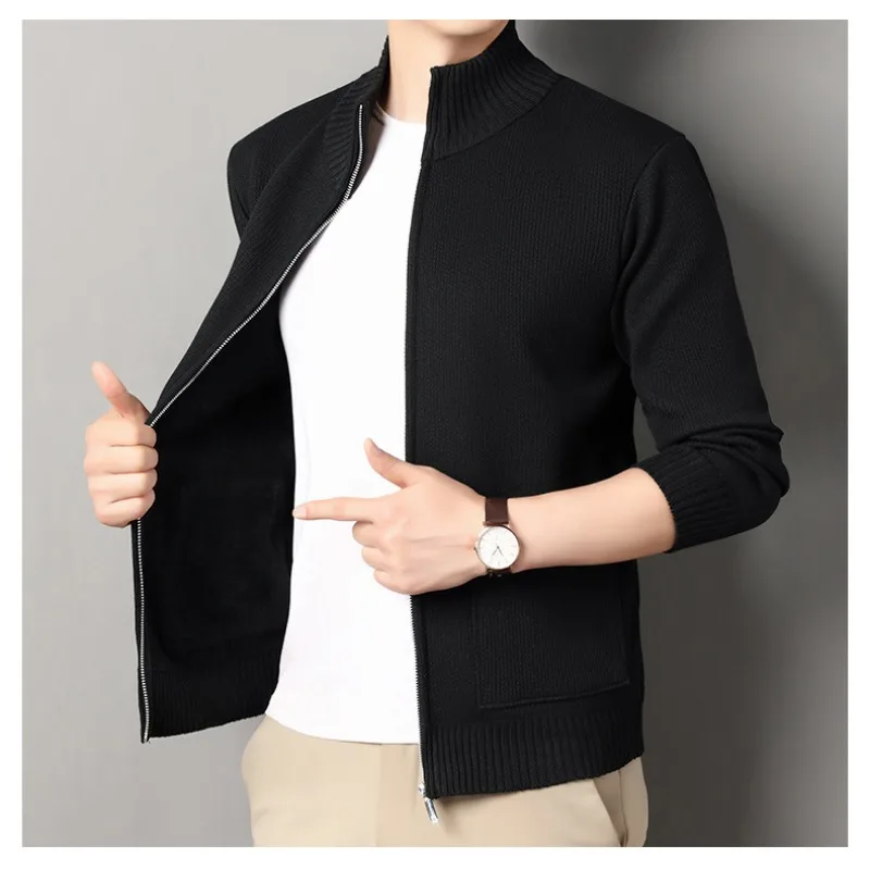 Cardigan tricoté en velours pour hommes, automne et hiver, décontracté, Style coréen, couleur unie, col montant, pull, veste pour hommes