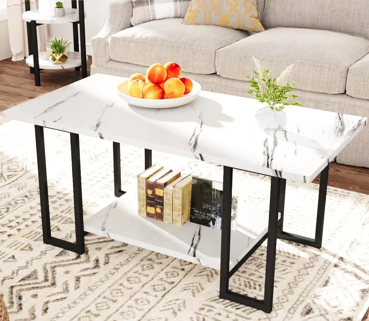 Lamerge Coffee Table Set, mesa de café retangular, 2 mesa de acento, mesa de mármore falso, 3 pcs