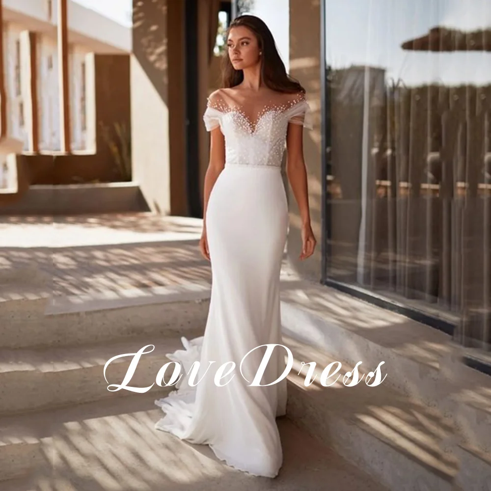 LoveDress gaun pengantin lengan pendek, gaun selubung kerah O tipis, lengan pendek, ilusi Backless, gaun pengantin Modern, kancing kereta