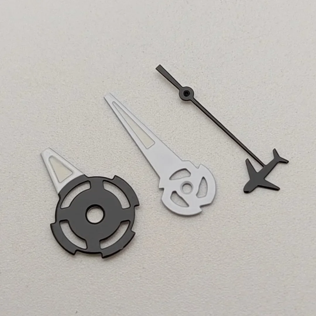 1 Juego de manecillas de reloj con forma de avión, segunda mano para movimiento NH35/NH36, puntero luminoso verde, accesorios para reloj